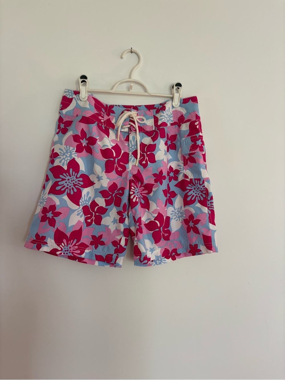 Floral Print Swim Shorts in Pink & Light Blue Sample 16” waist